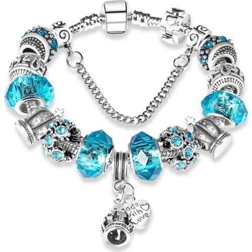 ANNAPAER Silver Plated Crown/Heart Charms Bracelets & Bangles Blue Crystal Beads Bracelets & for Women Diy Jewelry B15098
