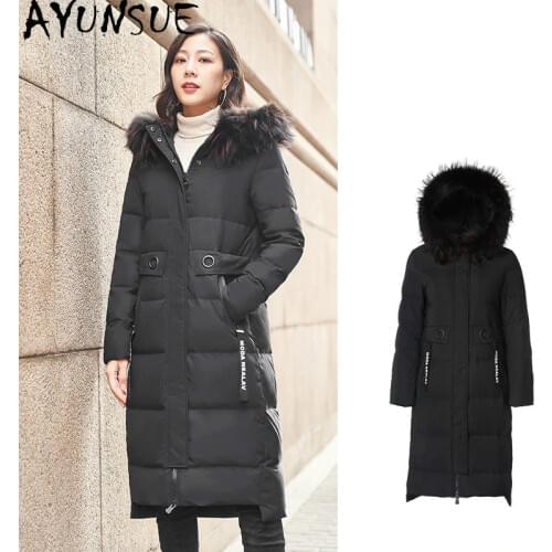 AYUNSUE Female Jacket Winter Plus Size Women Gray Duck Down Jackets Real Raccoon Fur Collar Hooded Parka Woman Ropa Mujer