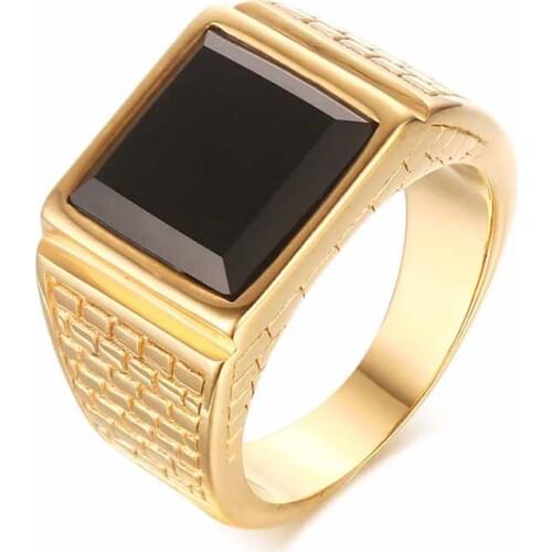 Trendy Beautiful Gold Stainless Steel Precious Stone Ring Wholesale Anniversary Band Men Jewelry Valentine Christmas Gift