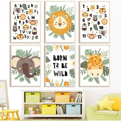 Nursery Number Alphabet Wall Art Lion Giraffe Elephant Posters And Prints Cartoon Leaves Canvas Painting Picture Kids Room Decor