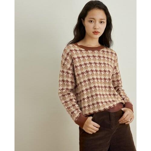 INMAN Womens Sweater Autumn Winter Round Collar Color Contrast Design Retro Knitted Full Print Jacquard Pullover Top