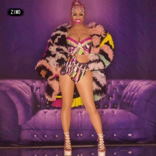 Multi-color Jacket Rhinestone Graffiti Bra Short Birthday Prom Party Outfit Set Evening Women Dancer Stage Wear designer clothes