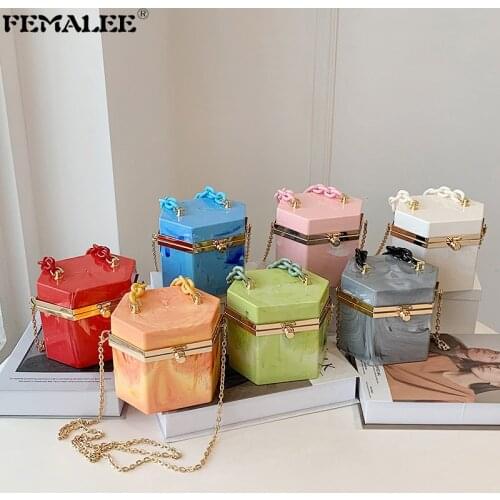 Korean Acrylic Handle Candy Color Clutch Box Purses 2021 Fashion PVC Women Mini Handbags Ink Painting Chic Chains Shoulder Sac