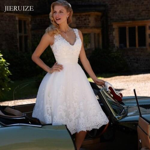 JIERUIZE White Lace Appliques Short Wedding Dresses V-neck Beaded Cheap Short Wedding Gowns Bride Dress robe de soiree