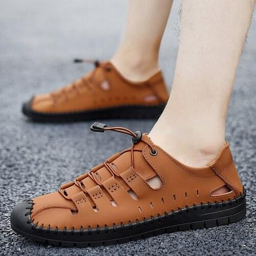 【Leather cowhide】Summer mens sandals beach outdoor leather sandals mens hole shoes soft bottom breathable casual shoes