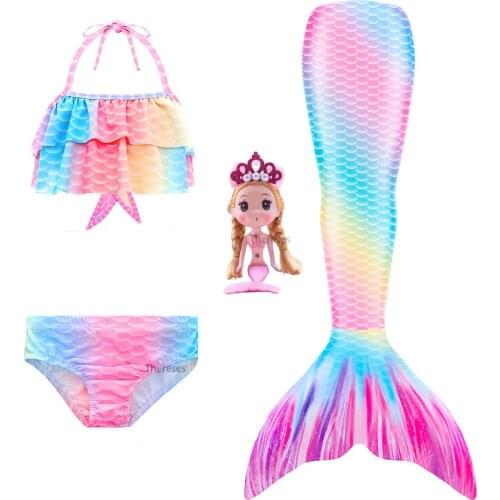 Halloween new Kids Girls Mermaid Tails with Fin Swimsuit Bikini Bathing Suit Dress for Girls No Flipper Fin with Mermaid Doll