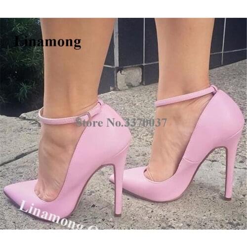 Linamong Classical Women Pointed Toe Stiletto Heel Pumps Pink Leather Ankle Strap High Heels Formal Dress Shoes Big Size Heels