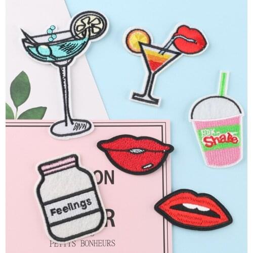 50pcs/Lot Embroidery Patches Letters Clothing Decoration Accessories Diy Iron Heat Transfer Applique Cocktail Drink Lips