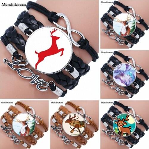 New Arrival Multilayer Black/Brown Leather Bracelet Bangle Glass Cabochon Jewellery For Women Gifts Boy Reindeer