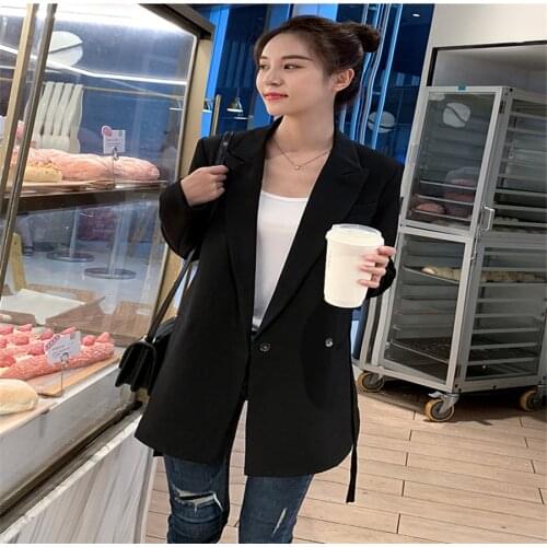 Single Button Black Suit Collar Whis Belt Fashion Blazers autumn spring Korean style loose Mid-Length casual Cotton women jacket