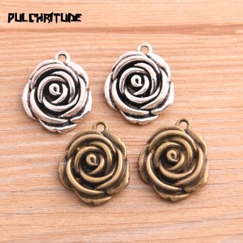 PULCHRITUDE 3pcs 20*25mm 2020 New Product Two Color Rose Flower Charms Plant Hollow Pendant Jewelry Metal Alloy Jewelry Marking