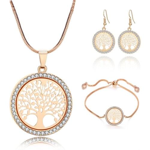 Luxury Crystal Tree of Life Necklace Bracelet Earrings Jewelry Set Natural Abalone Shell Necklace Glamour Women Wedding Jewelry