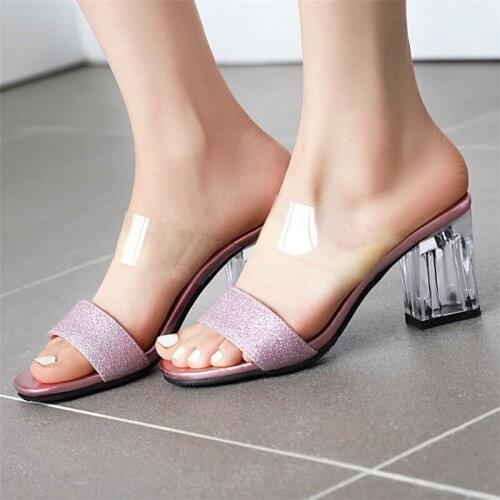 Clear Heels Transparent Mules Shoes Women High Heels Outdoor Slippers 2020 Summer Block Heel Ladies Shoes Big Size 43 44 45 46