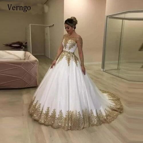Verngo 2021 Saudi Arabic Long Sleeves Wedding Dress For Bride Gold Lace Applique Beads Boat Neck Vintage Bridal Gowns Plus Size