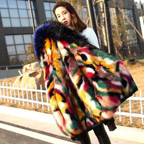 Faux Mink Fur Collar Hooded Jacket Long Parker Coat Underwear Rainbow Color Faux Fox Fur Trench Coat Cardigan Tops Furry Jacket