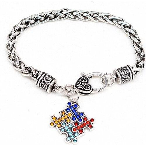High Quality Antique Autism Hope Multi-Colored Crystal Puzzle Pendant Lobster Claw Bracelet Wristband