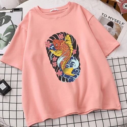Women Koi Fishes T-shirt Lucky Birthday Gift T Shirt Black Tshirt Unique Asian Style Clothing Tops Sleeve Tee Camisetas De Mujer