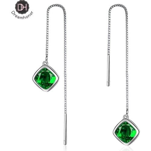 Dreamhonor 925 Silver Long Tassel Geometic Green Crystal Drop Earrings For Women Dangle Earrings Fashion Jewelry Accessories