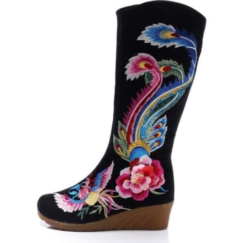 Spring Autumn New National Style Retro Wedges Height Increasing Embroider Canvas Zipper Women Long Boots Ladies Mid-Calf Botas