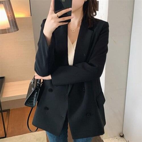 Jacket Women New Office Lady Black Casual Blazer Double Breasted Long Sleeve England Ladies Pocket Suit Coat
