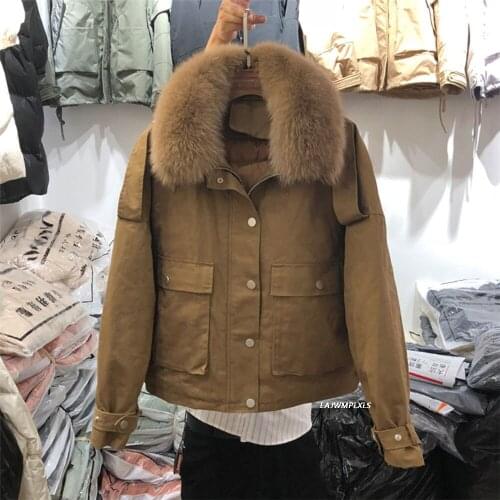 Real Fox Fur Womens Down Jacket 2021 Short Loose 90% White Duck Down Coat Fashion Female Big Pocket Puffer Snow Outwear