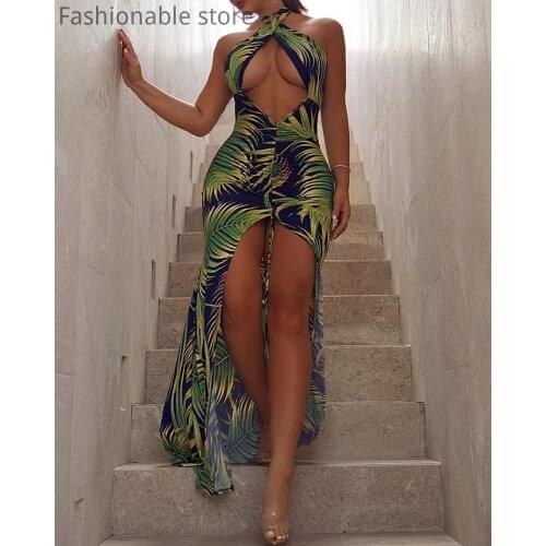 Women Sexy Sleeveless Print Halter Front Cutout Slit Dress
