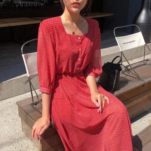 Women Vintage Square Collar Dot Print Long Dresses Female Short Sleeve Summer Red Vestidos Chiffon Dress