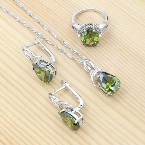 925 Sterling Silver Jewelry Set for Women Party Accessories Olive Green Water Drop CZ Ring Earrings Chain Pendant Set