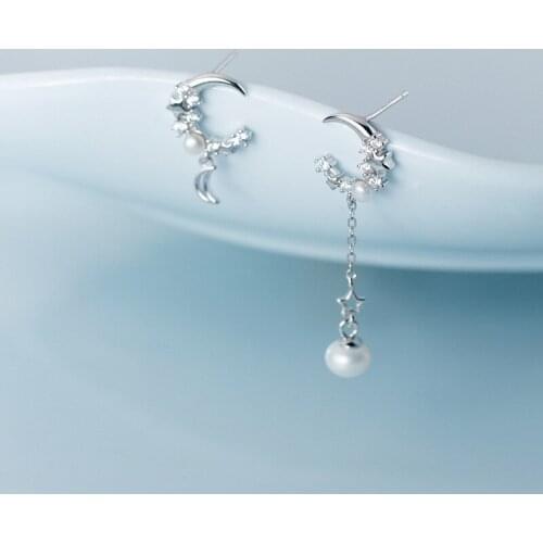 Colusiwei Genuine 925 sterling Silver Shiny Clear CZ Star Moon Drop Earrings For Women Long Chain Pearl Earrings Wedding Jewelry