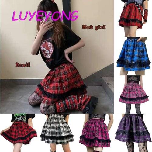Lady Plaid Mini Pleated Skirts Lace Gothic Korean Fashion Lolita Y2k Girl Skirt Japanese Sexy Midi Summer Cool Sweet Clothes