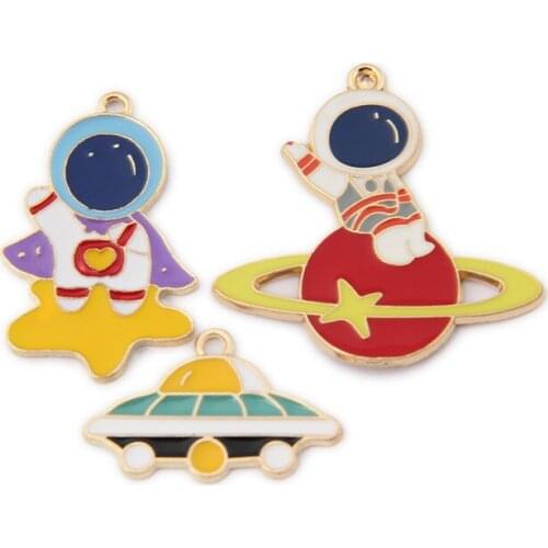 DIY Jewelry Findings 30pcs Kawaii Colorful Spaceman Astranut Spaceship Enamel Necklace Pendant Ornament Accessories Metel Charms