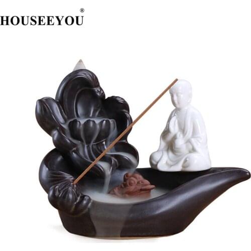 HOUSEEYOU 2019 New 4 Style Buddha Monk Backflow Incense Burner Stick Incense Holder Stand 2 in 1 Censer Home Decor Xmas Gift