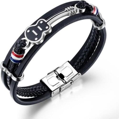 Creative Stainless Steel Men Leather Bracelet Hip-hop Punk Guitar Bracelet Multilayer Bracelet
