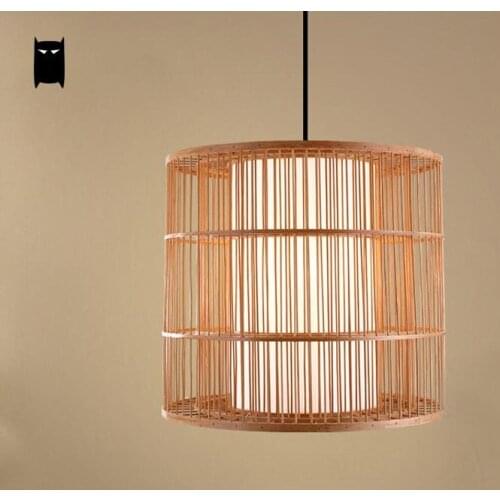 Round Bamboo Wicker Rattan Pendant Light Fixture Asian Minimalist Country Hanging Suspension Lamp for Dining Table Study Room