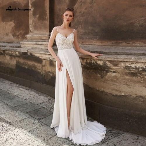 Lakshmigown Sexy Women Beach Wedding Dress Summer 2021 Vintage Lace Bodice Side Split Bridal Receipt Dresses Spaghetti Straps