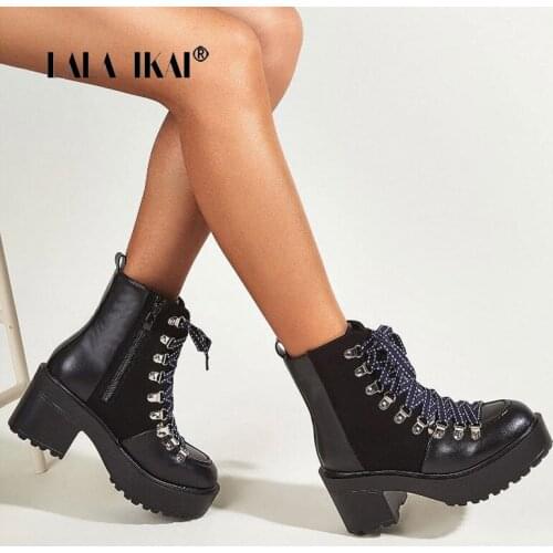 LALA IKAI Boots Women Autumn Winter 2020 Platform Ankle Boots High Heels Lace-up Short Booties Fashion Zapatos de mujer C10541-3
