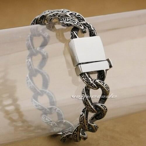 LINSION 10 Lengths 316L Stainless Steel Tribal Tattoo Mens Bracelet Biker Link Chain 5A010 Free Shipping