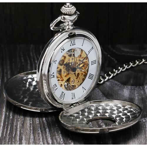 Mechanical Hand Wind Pocket Watch Luxury Double Open Face Roman Numbers Silver Clock with Fob Chain Relogio De Bolso P803C