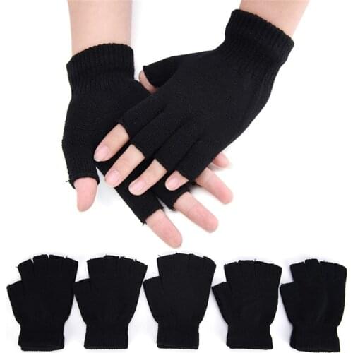 Fashion Black Short Half Finger Fingerless Wool Knit Wrist Glove Women Men Winter Warm Workout Gloves