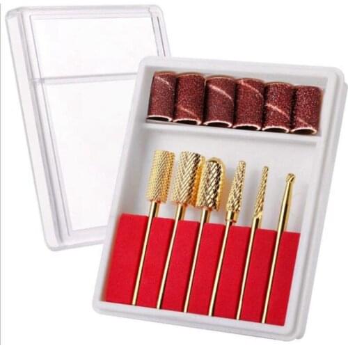 Nail Drill Bits Set Gold Carbide Nail Art Bit Tools With Case Storage(1 Kit Of 6Pcs Fine Drill Bits Nail Suppies Sanding Head
