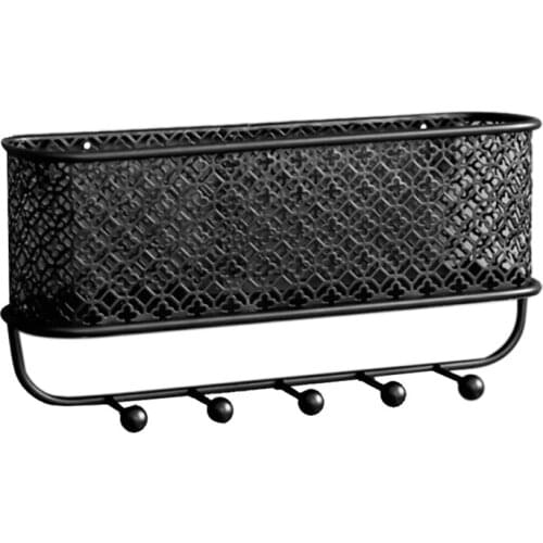 Wall Mounted Metal Storage Basket,Key and Mail Holder with 5 Hooks,Hat Coat Rack for Entryway,Living Room,Bedroom