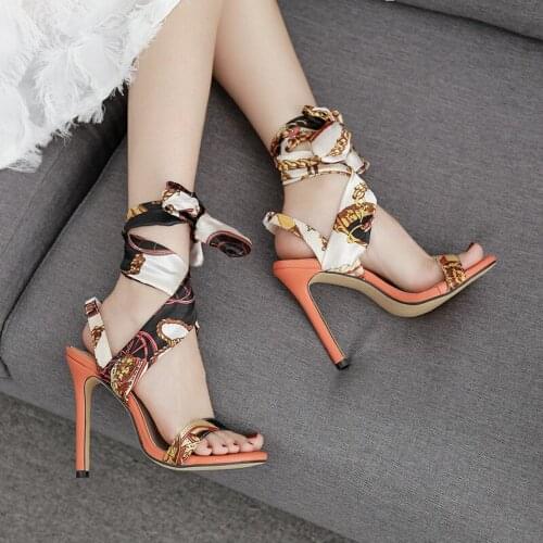 2019 Europe and the United States new personality strap pattern high heel sandals ribbons around the feet sexy shoes