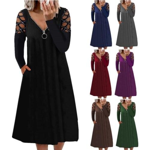 2021 autumn and winter new womens V-neck solid color hollow long-sleeved hot diamond casual dress