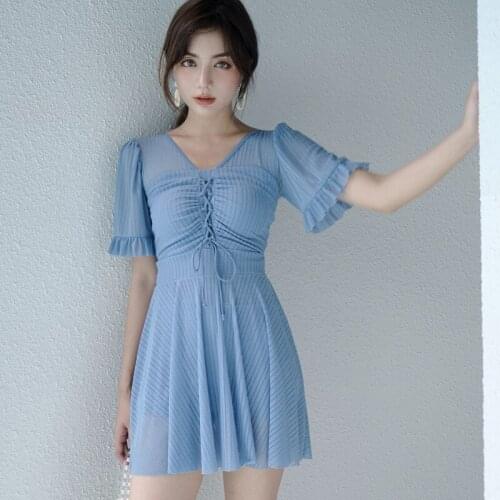 Swimsuit With Skirt Onepiece Swimwear For Women Ladies Swim Wear Cute Push Up One Piece Bathing Korean Lovely Blue Polyester