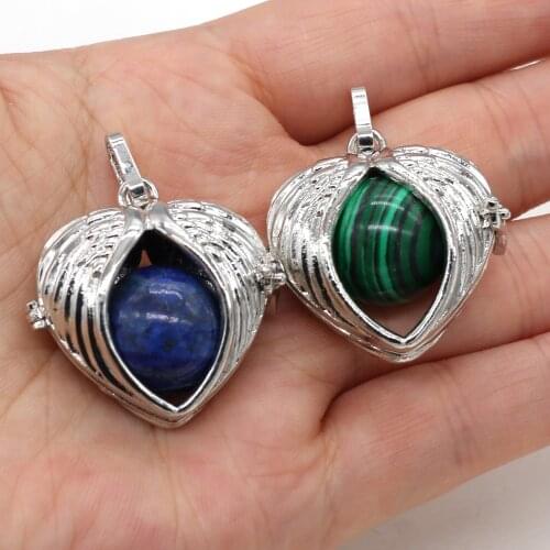 Natural Stone Hearts Alloy Pendant Round Amethysts Lapis Lazuli Beads Charms for DIY Necklace Making Jewelry Findings 32x32mm