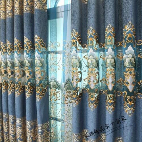 Luxurious Atmospheric Landing Window Blue Curtains New Chenille European Embroidered Curtains for Living Room and Bedroom