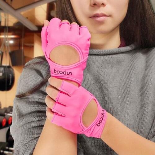 Pink Womens Fitness Gloves with Palm PU Leather Half Finger Breathable Gym Gloves