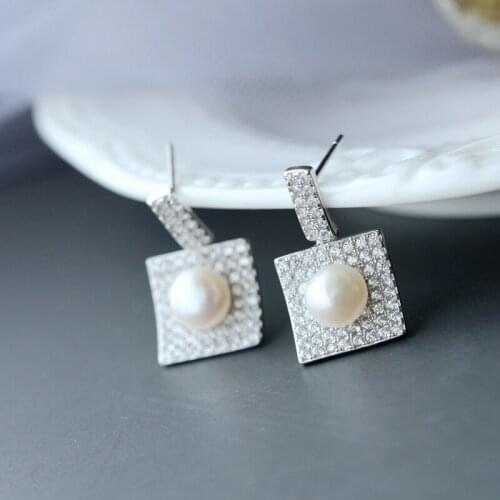 Handmade Inlaid Rhinestone Trendy Earstud Natural Freshwater Pearl Women Tide Flow 925 Sterling Silver Earrings Jewelry Gift