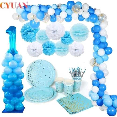 First Birthday Boy Party Decorations Bunting Garland Balloons Baby Shower Boy Tableware Set Kids 1st Birthday Party Supplies