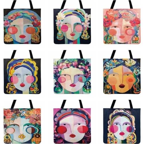Ladies Shoulder Bag Ethnic Big Face Girl Oil Painting Printed Tote Bag For Women Casual Tote Outdoor Shopping Bag Beach Bags